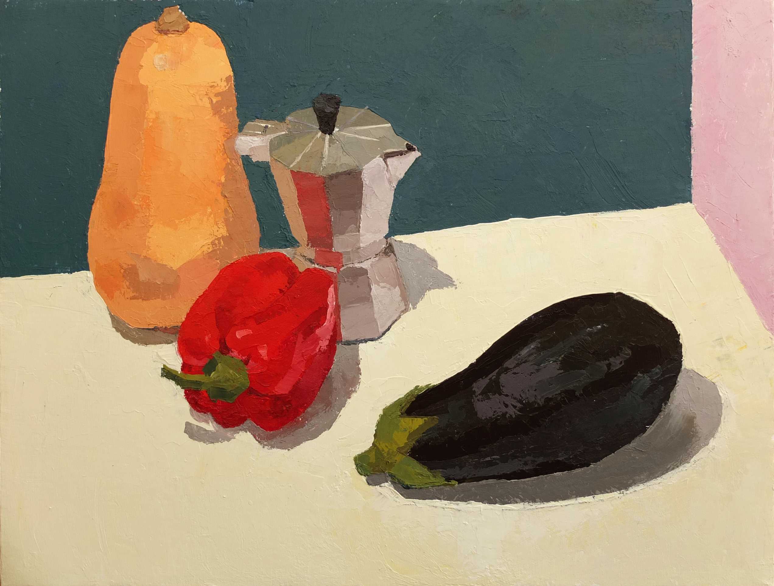 Still life with moka, pepper, squash and aubergine